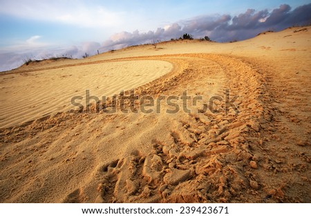 Motocross and auto sport track on blue sky background. Wheel tracks on sand Royalty-Free Stock Photo #239423671