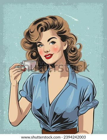Retro Pop Art Surprise: Beautiful Woman Presenting a Drink with Ample Space for Your Text in Vintage Comic Style