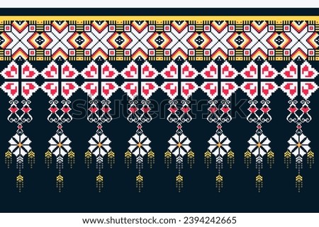 Ethnic pixel art embroidery pattern Background in red. Geometric shapes. Red, dark blue, white gradient vector illustration used for digital printing of carpets, fabrics, pillows, blankets, background