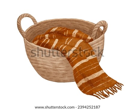 Wicker basket with red blanket or plaid. Hand drawn texture illustration isolated on white background