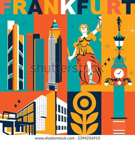 Typography word “Frankfurt” branding technology concept. Collection of flat vector web icons. Culture travel set, famous architectures, specialties detailed silhouette. German famous landmark Royalty-Free Stock Photo #2394256915