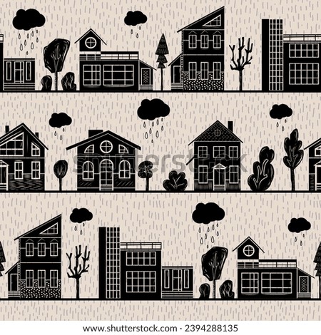Domestic home and trees hand carved linocut seamless pattern on rainy background. Collection of folk art style rural houses and woodland clip art.