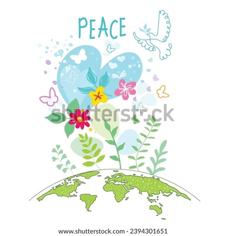 International Day of Peace. Bird, globe, flowers, heart continuous drawing. Concept of love, peace and kindness. Text. Vector web banner, illustration, poster, postcard for social media, networking.