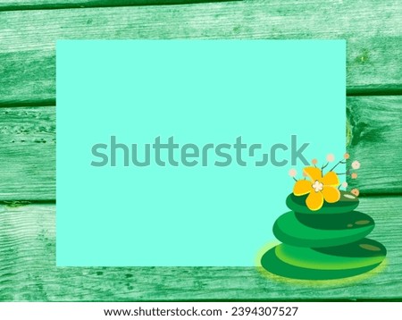 Note paper with stones and aromatic flowers on green wooden background. Text box for traditional medicine, natural medicine, yoga, spa and aroma therapy.