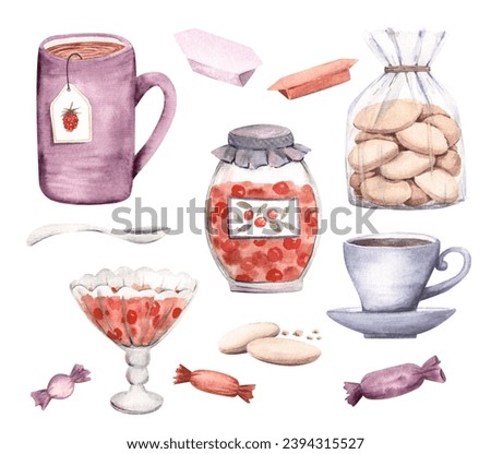 Teatime element set: cup, mug, coffee, tea, sweets, cake, dairy products, cupcake, homemade jam. Tea party food and drink. Kitchen elements isolated on white, watercolor hand painted cliparts, not AI.