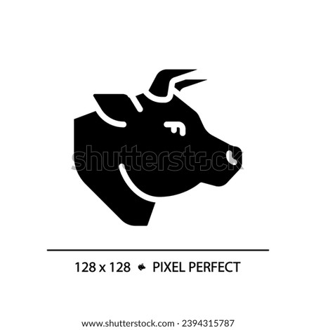 Beef pixel perfect black glyph icon. Cattle ranching. Meat section. Cow head. Steak house. Deli product. Silhouette symbol on white space. Solid pictogram. Vector isolated illustration