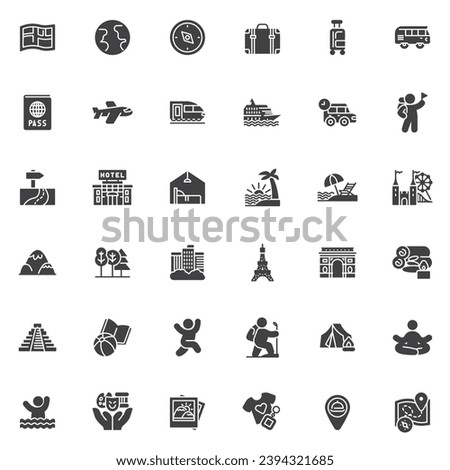 Travel and tourism vector icons set, modern solid symbol collection, filled style pictogram pack. Signs, logo illustration. Set includes icons as guid map, cruise liner, camping, hiking, attractions