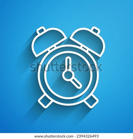 White line Alarm clock icon isolated on blue background. Wake up, get up concept. Time sign. Long shadow. Vector