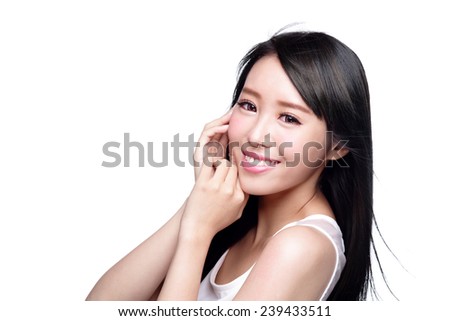 Beauty Skin care concept, Beautiful woman smile face with health teeth and hair isolated on white background, asian