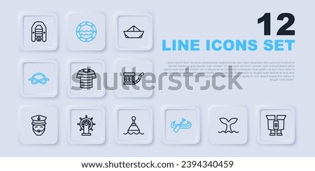 Set line Whale tail, Binoculars, Striped sailor t-shirt, Kayak and paddle, Nautical rope knots, Ship steering wheel, porthole and Floating buoy icon. Vector