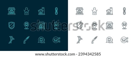 Set line Chain link, Welding torch, Blacksmith oven, Horseshoe, Smithy workshop interior,  and apron icon. Vector