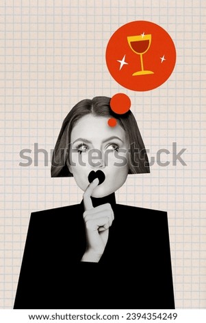 Creative picture collage thoughtful lady in black suit looking red bubble cloud want red wine at party isolated on copybook background