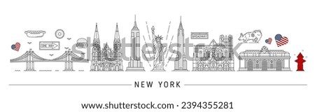 New York silhouette. USA travel landmarks of vector thin line Statue of Liberty, Brooklyn bridge, hot dog and hamburger. Chrysler and Empire State building outline skyscrapers, grand central terminal Royalty-Free Stock Photo #2394355281
