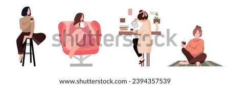 Set of women drinking hot tea on white background
