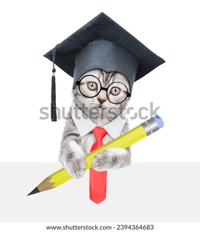 Smart graduated cat wearing eyeglasses and necktie holds big pen above empty white banner. isolated on white background