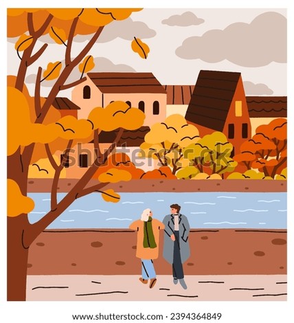 Love couple in autumn park. Romantic date at river in September. Man and woman walking, strolling outdoors at riverside in town. Fall season promenade, calm serene nature. Flat vector illustration