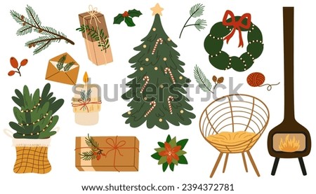 Christmas decorations set. Xmas tree, baubles, gifts, fireplace, fir wreaths, candles. New Year props, items bundle. Flat vector illustrations isolated on white background