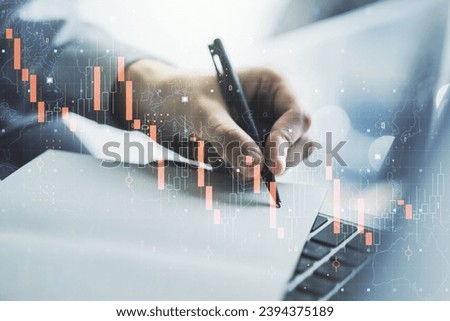 Creative abstract global crisis chart with world map sketch and hand writing in notepad on background with laptop, falling markets and collapse of global economy concept. Double exposure
