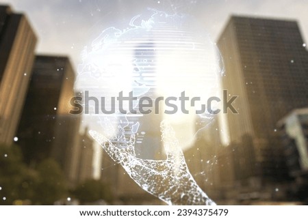 Abstract creative world map interface on office buildings background, international trading concept. Multiexposure