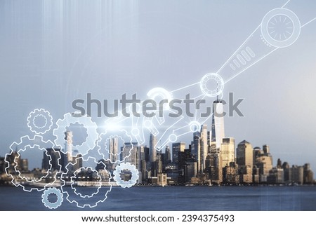 Abstract virtual robotics technology sketch on Manhattan office buildings background, future technology and AI concept. Double exposure