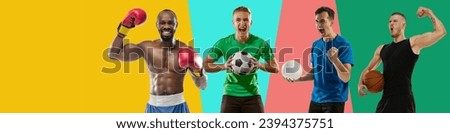 Collage made with different muscular young men, athletes of different sorts showing success over multicolored background. Concept of professional sport, success, achievement, competition