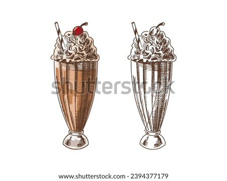 A hand-drawn colored and monochrome sketch of glass of chocolate milkshake. Vintage, doodle illustration. Element for the design of labels, packaging and postcards.