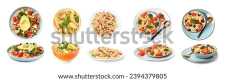 Collection of tasty pasta salads on white background Royalty-Free Stock Photo #2394379805