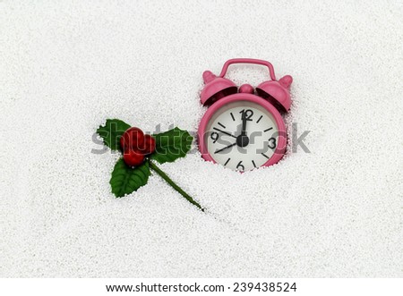 Holly berry fake - Christmas symbol with pink old clock at midnight, Christmas & Accessories on white artificial snow  make from white foam for background