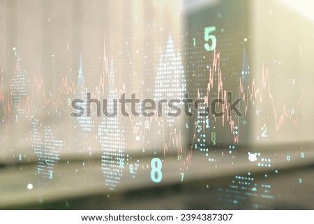 Multi exposure of virtual abstract financial diagram on contemporary business center exterior background, banking and accounting concept