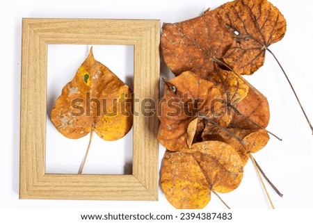 Autumn composition. Gold leaf, photo frame on white background. Autumn, autumn concept. Flat lay, top view, copy space