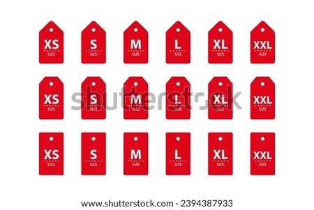 Red clothes label size, tag S, XS, M, L, XL, XXL symbols. Textile badges with seams and fabric texture. Shopping sticker. Vector illustration.