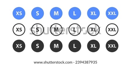 Blue clothes label size, tag S, XS, M, L, XL, XXL symbols. Textile badges with seams and fabric texture. Shopping sticker. Vector illustration.