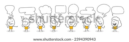 Stick figures. People with speech bubbles. Cartoon style. Social networks, news, social networks, chat, dialogue speech bubbles.
