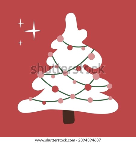 White Christmas tree with decorations on red background for poster, card and more designs of winter holidays. Isolated vector flat illustration.