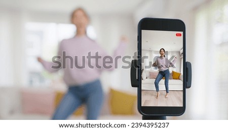 Asia vlogger woman influencer smile enjoy hobby happy fun live online screen IG reel tiktok at home. Gen Z teen girl talent people play video selfie camera shoot instagram app show share viral story. Royalty-Free Stock Photo #2394395237