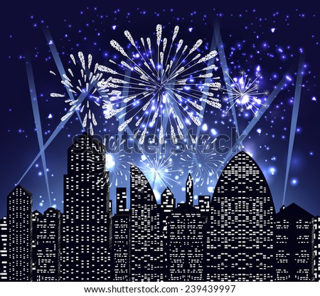 happy new year with firework city at night