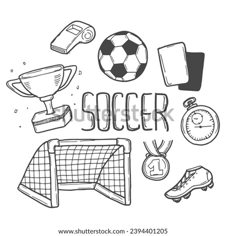 Set of Cartoon Soccer Ball Equipments Doodle Illustration