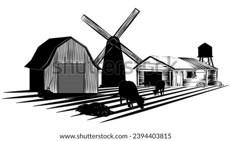 Set of silhouette scenes from farm life with fields, barns and machinery isolated on white background. Vector rural clipart.