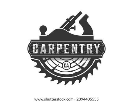 Carpentry logo design emblem vintage silhouette isolated with circular saw blade, wooden, and jack plane icon Royalty-Free Stock Photo #2394405555