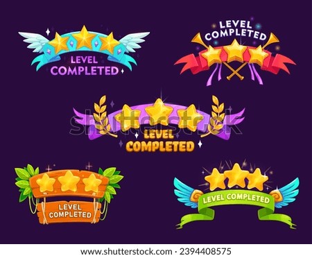 Game level complete or level up badge icons. Videogame win symbols, gambling app victory vector icons or mobile game GUI level complete popup banners, award buttons with golden star, ribbon and wing