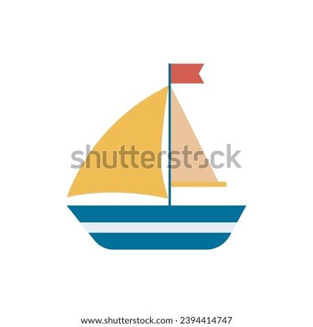 Toy sea boat isolated on white background. Simple sea ship with sail and flag clip art. Sailboat, vector illustration