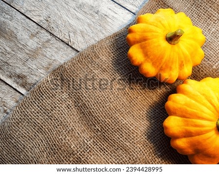 Yellow pattison on wooden boards of table and on fabric is sackcloth or burlap. Healthy Delicious Beautiful Vegetable in autumn. Abstract Background, texture, frame, place for text and copy space