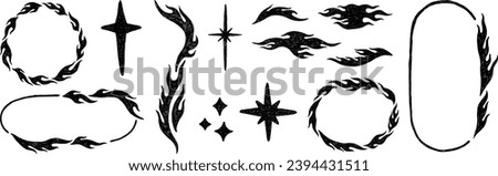Set of hand drawn y2k style flame elements, star, fire frame. Trendy grunge scrawl icon for stickers. Freehand pencil drawing vector illustration.