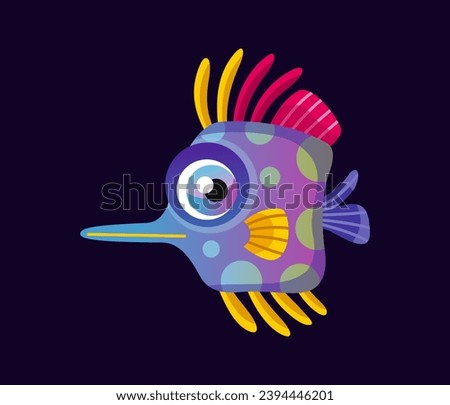 Cute underwater animal. Colorful sticker with small aquarium fish. Sea pet or ocean dweller. Sea life. Design element for web. Cartoon flat vector illustration isolated on white background