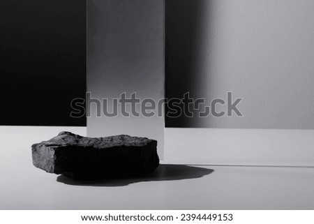 Flat stone pedestal and rectangular glass, black and white template, banner background. Minimalism concept, empty podium display product, presentation scene