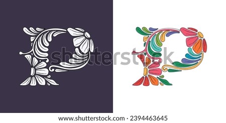 Letter P logo with botanical and flower pattern. Traditional leaves and curved lines embroidery ornament. Icon for wedding ceremony, vintage greeting cards, birthday identity and party invitations.
