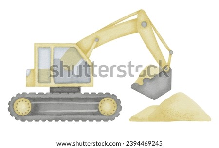 Excavator Watercolor illustration. Hand drawn clip art of Digger on isolated background. Baby toy backhoe sketch. Loader drawing for prints on a boys t-shirt. Painting of truck car for construction.