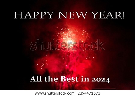 Fireworks red black night sky. Text banner original photo. Happy New Year. All the best in 2024. Add company name logo. Business social media. Customer appreciation. Holiday greeting. Celebrate.