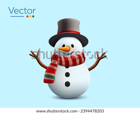 3d rendered cute smiling snowman with black cap or hat, scarf, orange nose, wooden waving hands, isolated on white background. 3d minimal Christmas snowman icon. Noel Vector illustration Royalty-Free Stock Photo #2394478203