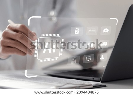 Doctor using laptop with hologram of  medical technology by AI artificial intelligence. innovation, science and intelligent medical technology develop health insurance.